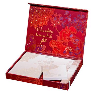 Rote Notizzettelbox mit Hortensienverzierung und Segenswunsch »Wie schön, dass es dich gibt«